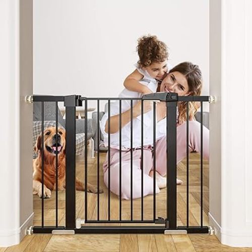 OTTOLIVES Metal Baby Gate Pet Gate 27-40 Inch Extra Wide Pressure Mounted Dog Gate for Stairs & Doorways Baby Gate with Door Walk Through Easy Step NO Need Tools NO Drilling (Black, 27-40" Wide)
