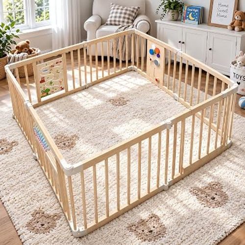 Wooden Playpen for Babies, 63x63x24In Foldable 8-Panel Wooden Baby Playpen
