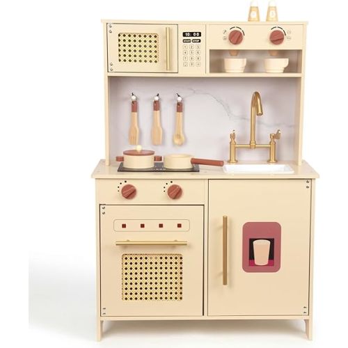 Wooden Kitchen Playsets for Kids, Pretend Play Kitchen with Realistic Clicking Sounds, Gold Faucet, Coffee Maker & Cooking Accessories, Set for Toddlers Boys Girls Age 3+