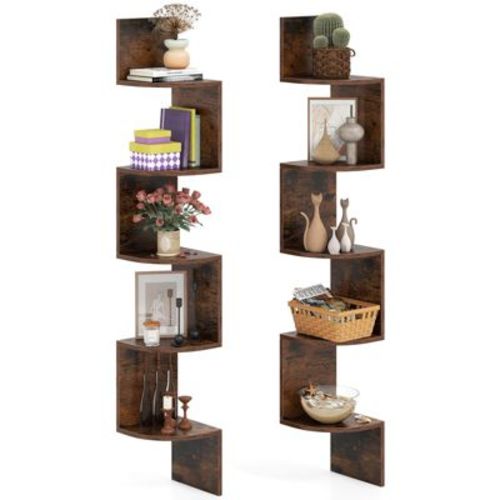Costway 2 PCS Floating Bookshelf with Safe Round Edge Space-Saving Plant Display Shelf Brown