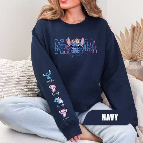 Med - Custom Mama Stitch with Kids Name on Sleeve Sweatshirt, Disney Stitch Hoodie, Mother's Day Sweatshirt Gift For Mom, Lilo and Stitch Sweater