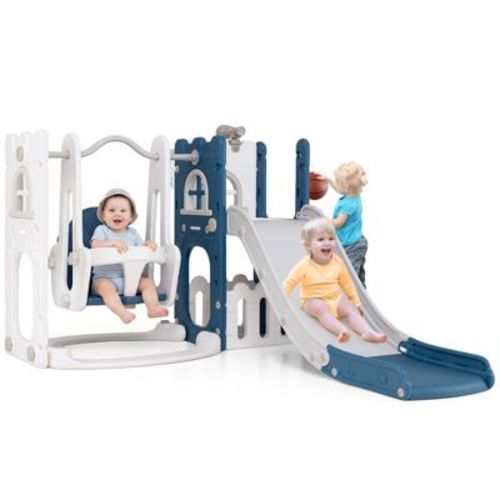 Costway 7 in 1 L-shaped Toddle Swing and Slide Set with Swing, Basketball Hoop & Telescope Blue+White