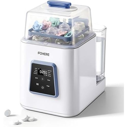 FOHERE All-in-One Baby Bottle Washer and Dryer, Automatic Bottle Cleaner Machine for Breast Pump Parts, Nipples, Newborn Essentials, High-Temp Steam & Deep Clean, 60 Detergent Tablets Included
