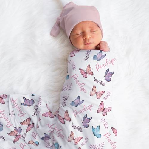 Custom Butterfly Baby Name Blanket, Personalized Baby Girl Butterfly Swaddle, Leaves Blanket, New Mom Gift, Newborn Gift, Baby Shower Gift
