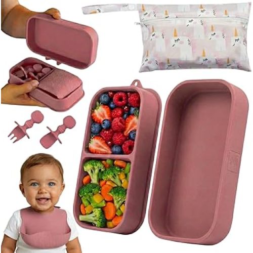 Travel Silicone Baby Feeding Set - Portable Toddler Plates with Suction, Soft Baby Spoon & Fork, Lightweight Foldable Silicone Bib & Waterproof Storage Bag – 6 Piece Set (dark pink)