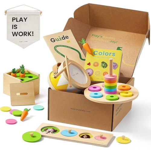 Tiny Land Montessori Toy Set for Babies 7-9 Months Senser Play Kit - 5-in-1 Wooden Learning Toys with Object Permanence Box, Sensory Ball, Stacking Cups and Mirror Puzzle,Body Board Book