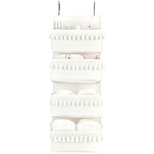 Dahey Over The Door Organizer Boho Nursery Storage Decor Closet Hanging Organizer with Tassels Decoration for Bedroom Nursery Bathroom Apartments Dorm Pantry, 4 Pockets, White