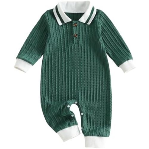 Baby Boy Fall Clothes Stripe/Solid Color Romper Long Sleeve Collared Button Down Jumpsuit Newborn Winter Outfit