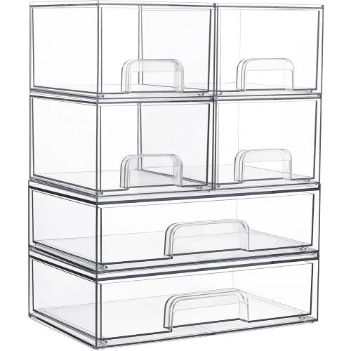 Stackable Storage Drawers Set of 6, Clear Plastic Organizer Bins for Bathroom Supplies,Ideal for Cabinet,Pantry,Laundry Room Organization