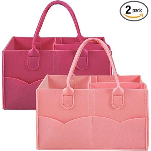 PandaEar 2 Pack Baby Diaper Caddy Organizer, Portable Diaper Holder Nursery Storage Basket for Wipes & baby stuff, Collapsible Baby Organizers with Divided Design (Red/Pink)