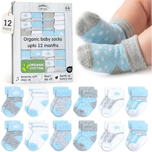 Mother's Choice Baby Socks 0-6 Months 12 Pairs Warm Neutral Organic Cotton Blend Newborn Socks for Boys & Girls Stay-On Stretch Infant Socks OEKO-TEX Certified Baby Gift