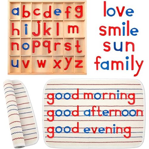 Montessori Letters Movable Wood Alphabet with Box and Large Mat Small Wooden Alphabet Letters Montessori Trays Preschool Spelling Learning Language Materials Objects, Red, Blue