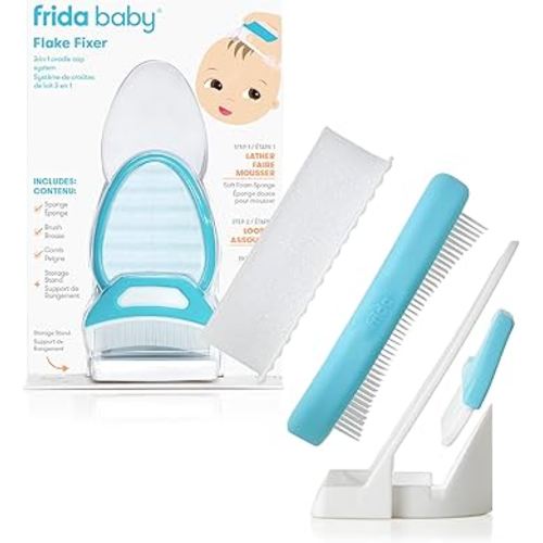 Frida Baby The 3-Step Cradle Cap System Kit & Cradle Cap Treatment, DermaFrida The FlakeFixer, Sponge, Brush, Comb and Storage Stand for Babies with Cradle Cap, White-Blue