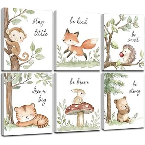Framed Woodland Nursery Wall Art, Forest Animal Pictures Nursery Wall Decor, Safari Theme Wall Decor for Baby Kids Boy Girl Room (Framed, 8x10inch, Set of 6)