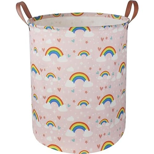 Pink Rainbow Laundry Hamper,Baby Nursery Hamper,Kids Toy Storage Basket for Girls Bedroom,Gift Basket,Room Decor(Rainbow)