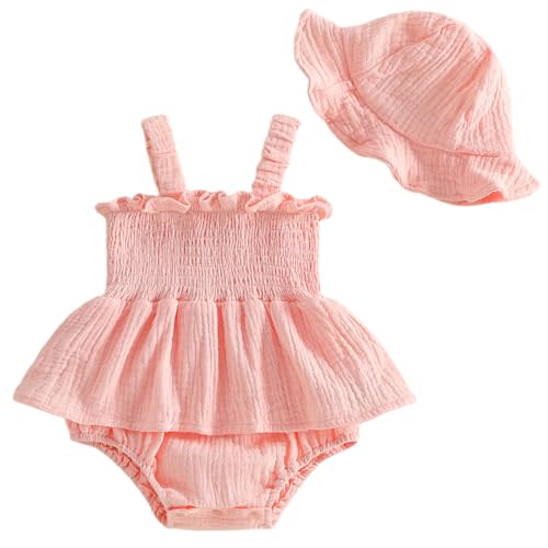 Mubineo Baby Girl Clothes Summer Dress Cotton Linen Romper Sleeveless Smocked Rompers Sun Dress Hat Skirt Boho Outfits