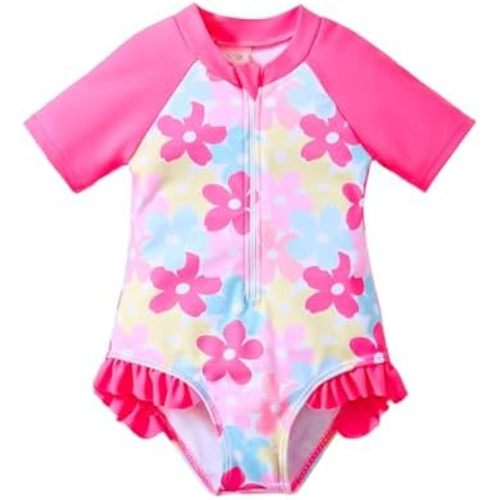 Baby Girls Swimsuit One Piece Short Sleeve Zipper Toddler Bathing Suit Rash Guard Swimwear Beach Sunsuit