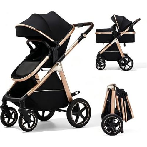 2-in-1 Convertible Baby Stroller, 0-36M Reversible Fully Reclining Seat, One-Hand Fold, All-Wheel Suspension, 5-Point Harness, Black