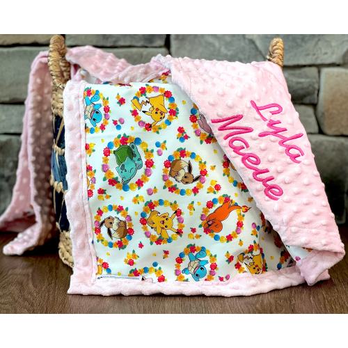 Personalized Pokemon Baby Blanket | Frame Style Border | Cotton and Minky | Embroidery | Pokemon Pattern |Floral Pokemon Baby Child Blanket