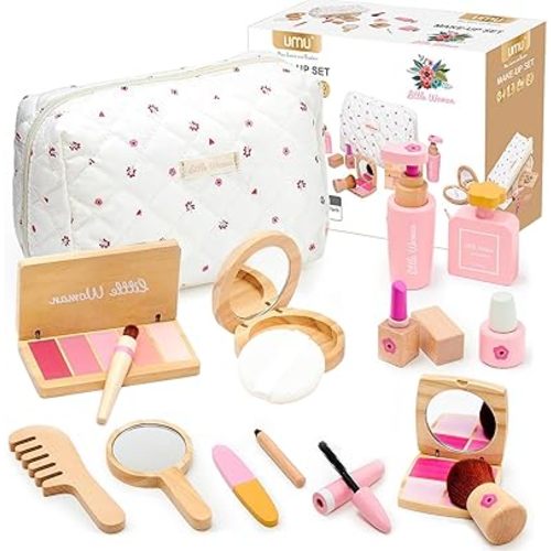 Wooden Makeup Toy Set for Girls - Pretend Play Makeup Kit for Toddlers 3-5 with Eyeshadow/ Mascara/ Perfume/ Blush/ Mirror/ Bag, Birthday Gifts for Girls Toys Kids Aged 3 4 5 6 7 8