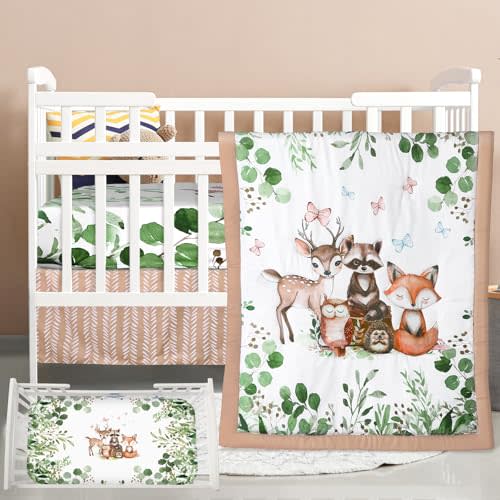 Hahafelt 3 Pcs Woodland Forest Animal Crib Bedding Set for Baby Boy | Includes Quilt, Fitted Sheet, Skirt, Soft Jungle Nursery Bedding for Standard Infant Bed Girl