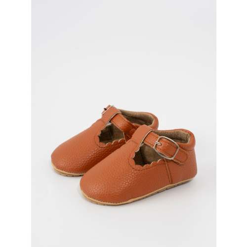 T-Strap Scalloped Buckle Shoes - Brown