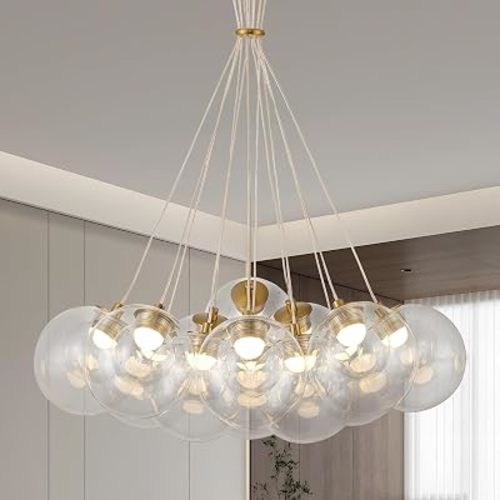 Modern Sputnik Chandeliers 13 Lights Clear Bubble Glass Chandelier Lighting, Cluster Globe Pendant Light Fixture with Rod for Dining Room Bedroom Entryway