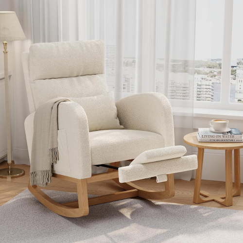 Teddy Fleece Rocking Chair with Extendable Footrest Side Pockets and Pillow for Nursery White