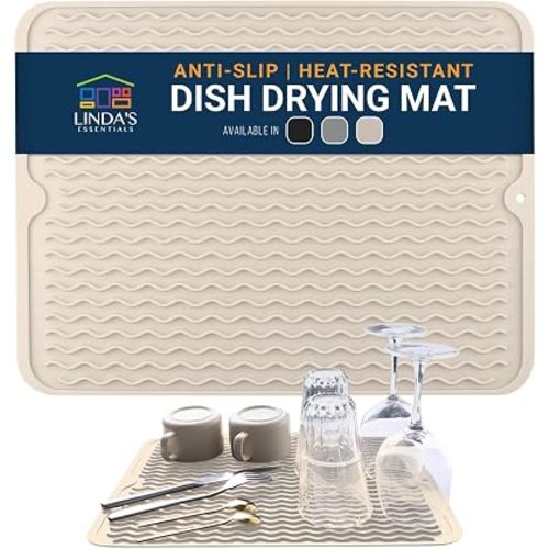 Silicone Dish Drying Mat for Kitchen Counter - Multi-Use 16 x 12 Inch Pad, Non-Slip & Heat-Resistant, Perfect Dish Drainer Mat by Linda’s Essentials, Ideal Kitchen Accessory (Beige)