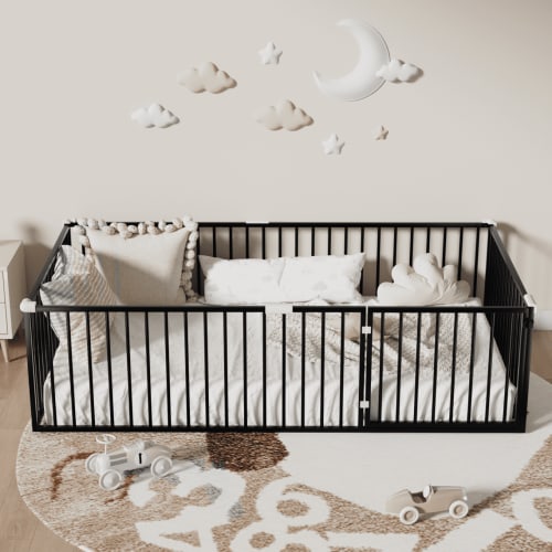 Twin Montessori Floor Bed with 20.6" Safety Fence & Anti-Collision Cotton, Sturdy Metal Frame for Children's Safe Sleep & Play Area, Black