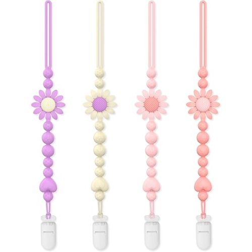 Pacifier Clip, 4 Pack Silicone Pacifier Clip with One Piece Design for Newborn Boys and Girls, Floral Patterns Pacifier Holder Clip Fits for Most Pacifier, Baby Teethers, Baby Shower
