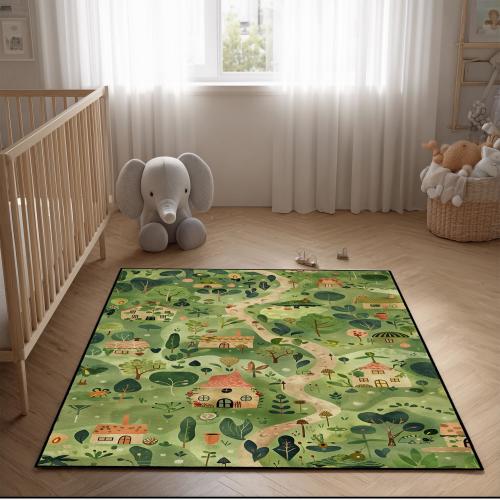 Kids Storybook Village Rug: Green Nursery Play Mat, Washable Floor Decor