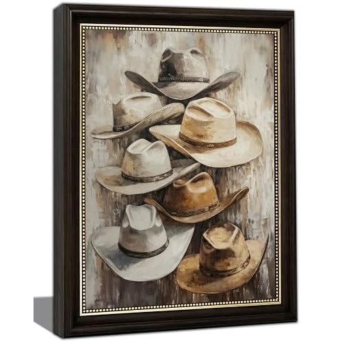 Cowboy Hat Framed Canvas Wall Art, Dark Brown Frame, Vintage Western Rodeo Rustic Farmhouse Wall Decor for Man Cave Living Room Bedroom Office, Retro Artwork Gift for Men, 9x11/12x16 Inch