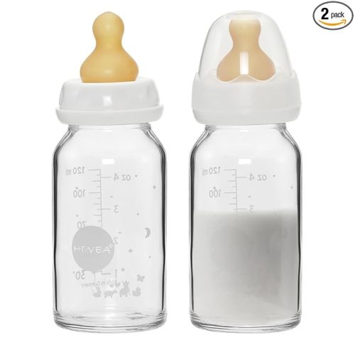 HEVEA Standard Neck Glass Baby Bottles - Natural Rubber Medium Flow Nipples - Anti Colic Baby Bottles for Breastfeeding Babies - Newborn 0+ Months - BPA-Free, Two-Pack (4 Oz)