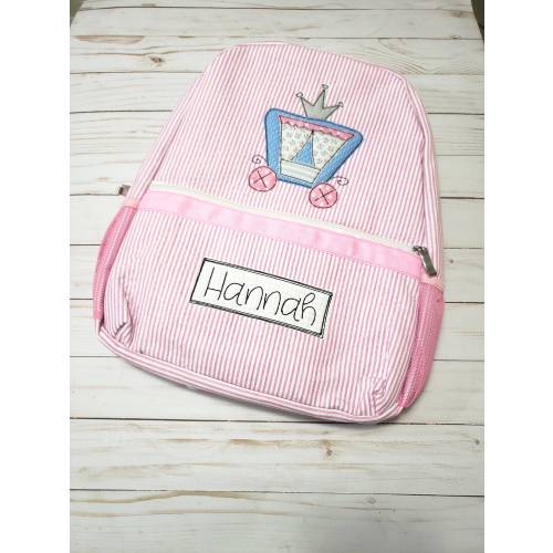 Personalized Seersucker Backpack: Applique Princess Carriage Diaper Bag