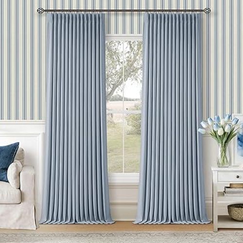 Blue 96 Inch Blackout Pinch Pleated Curtains 2 Panel Set for Living Room Darkening Thick Linen Textured 100% Black Out Drapes 96 Inches Long Pinch Pleat Light Blocking Bedroom Dusty Sky Ice Blue