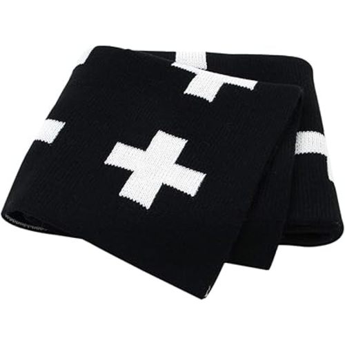 mimixong Baby Blankets Knitted Toddler Blankets Black and White with Cross Swiss Pattern for Boy and Girl 30×40 Inch Black