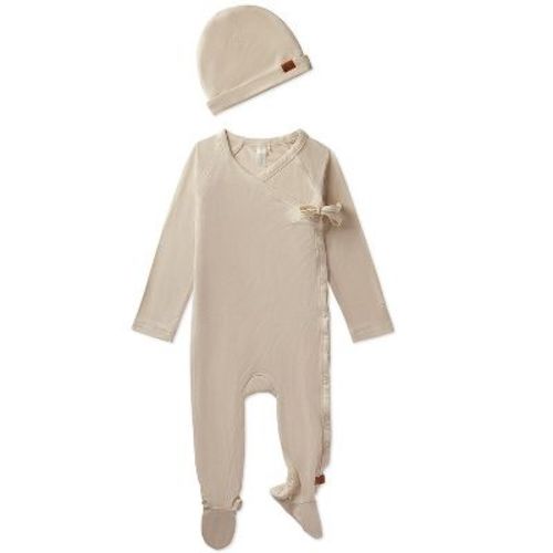 MiniMoi 2 Piece Set Baby Crossover V-Neck Modal-Blend Footie and Beanie Latte 6 Months