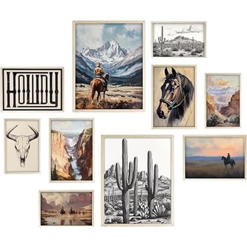 Eastern Print Western Wall Art Set of 10 PCS, Vintage Cowboy Decor, Southwestern Wall Prints for Ranch, Rustic Home, Western Cactus, Horses, Desert Landscapes for Living Room Bedroom, Unframed