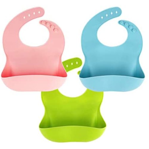 3 Pack Silicone Baby Bib for Babies & Toddlers (6-72 Months), Waterproof, BPA Free, Green Pink and Blue, Easy Wipe Clean