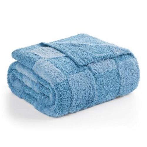 Soft Faux Fur Knit Checkered Throw Blanket Fluffy Bedding Blankets Snuggle Sac, 50*60", Blue