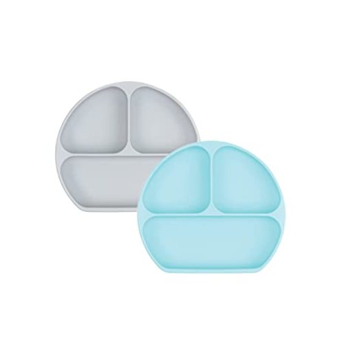 Bumkins Silicone Grip Dish, Suction Plate, Divided Plate, Baby Toddler Plate, BPA Free, Microwave Dishwasher Safe - 2pk Gray/Blue - Gray and Blue
