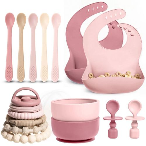Silicone Baby Essentials Set – Pink Stacking Toy, Feeding Bibs, Suction Bowls with Spoons & First-Stage Spoons – BPA-Free, Safe for Infants & Toddlers
