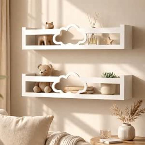 Pinkunn 2 Pcs White Cloud Wooden Floating Wall Shelves Cute Wooden Organizer Rack Adorable Ins Home Decor for Bedroom Bathroom Living Room Nursery Cafe, 16.5 x 3.9 x 3.5 Inches
