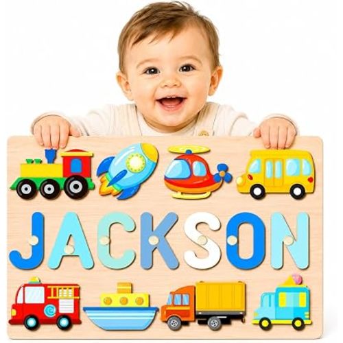 Personalized Name Puzzle for Toddlers 1-3, 1 Year Old Birthday Girl Boy Gifts, Montessori Toys Personalized Baby Gifts, Custom Handmade Wooden Animal Name Puzzle for Kids, Easter Basket Stuffers