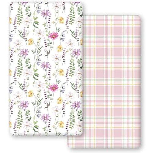 Horaldaily 2 Pack Fitted Crib Sheet for Boys Girls,Soft Breathable Washable Jersey Microfiber Baby Crib Sheet, Fits Standard Size Crib Mattress 28in x 52in, Floral Plaid Nursery Sheet Pink/White