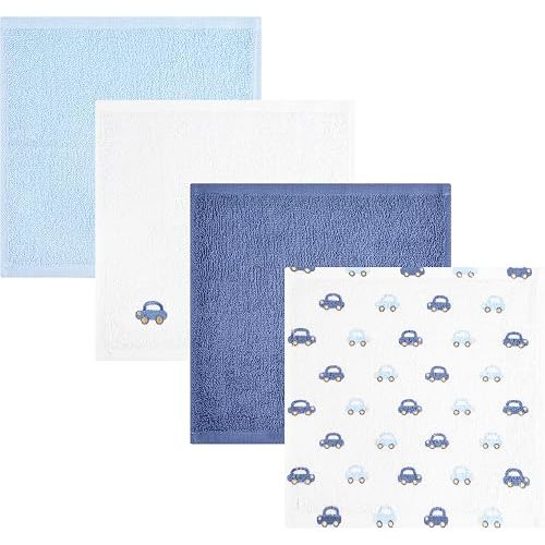 Baby Washcloths 4 Pack 100% Cotton Soft Absorbent Terry Washcloths 10 x 10 Inches for Sensitive Skin Face Hand Body Burp Cloths for Newborn Infants Toddlers Boys Girls (Blue Car)