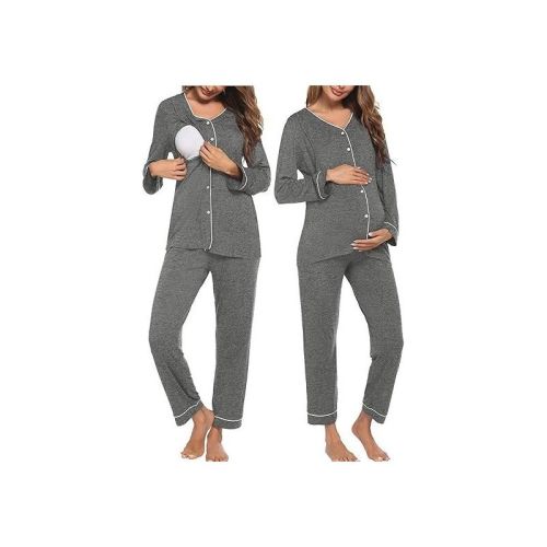 Ekouaer Maternity Pajama Set Button Down Nursing Pajamas Long Sleeve Breastfeeding Loungewear with Adjustable Pants Deep Grey M