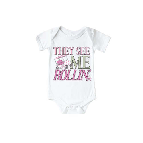 They See Me Rollin' Pink Graphic Bodysuit & Kids Tee | White