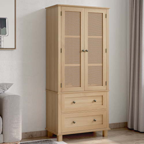 Homfa Rattan Cabinet with Doors, Tall Storage Cabinet with 2 Drawers, Narrow Accent Versatile Cabinet for Living Room, Oak